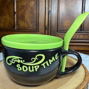 NWOT Soup Time Lime Green Black Soup Snack Tray Top Ceramic Mug with Spoon